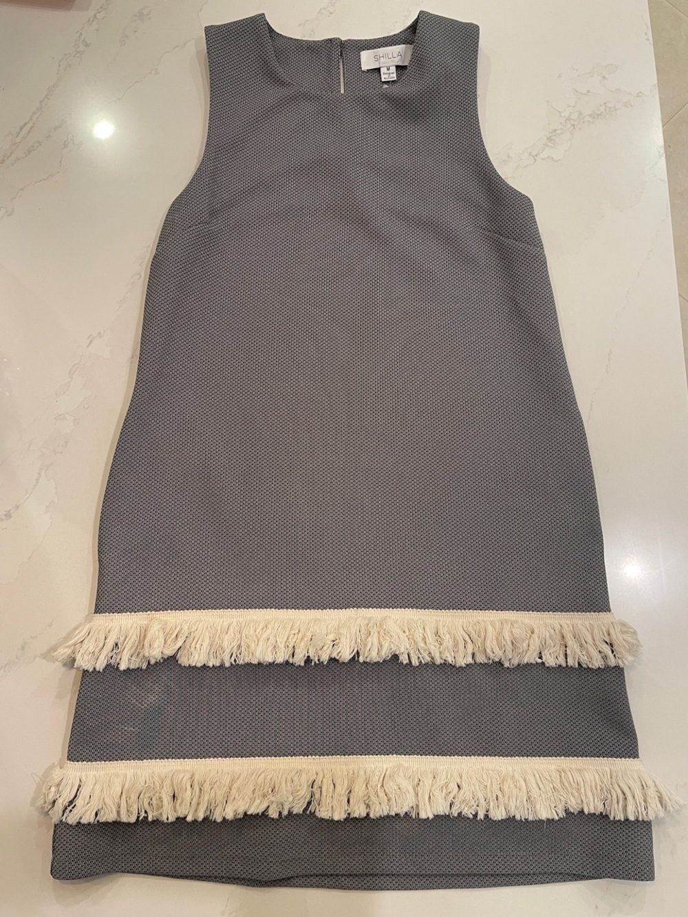 NWT Shilla Sleeveless Fringe-Trim Shift Dress in Gray